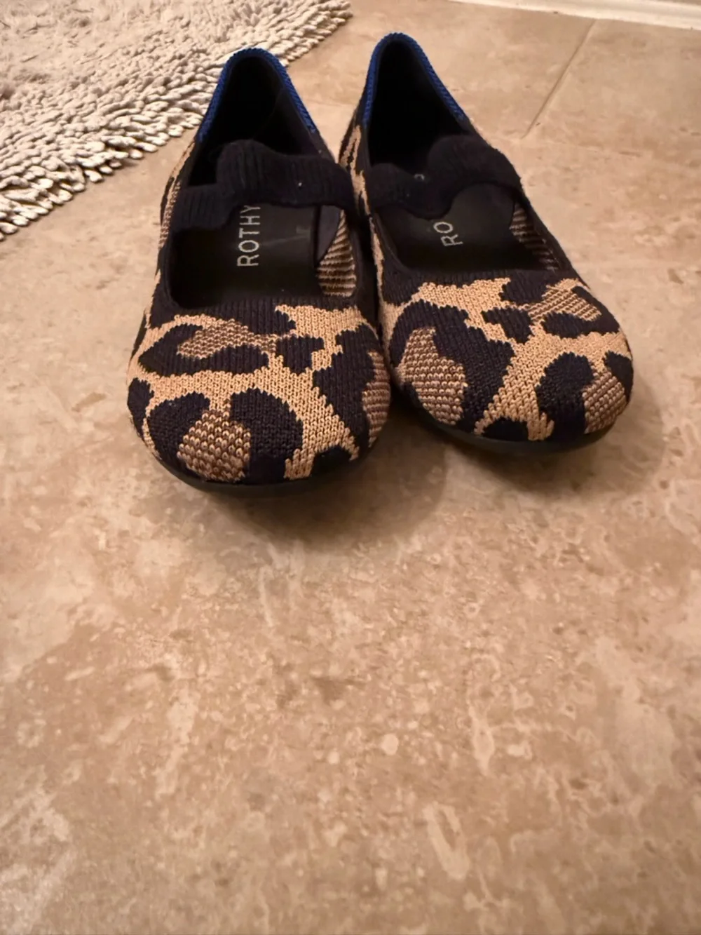 Rothy's Leopard Print Tan and Black Kids Slip-On Dress Shoes
